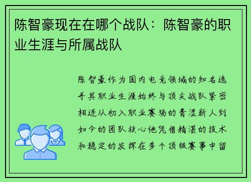 陈智豪现在在哪个战队：陈智豪的职业生涯与所属战队
