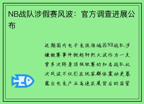 NB战队涉假赛风波：官方调查进展公布